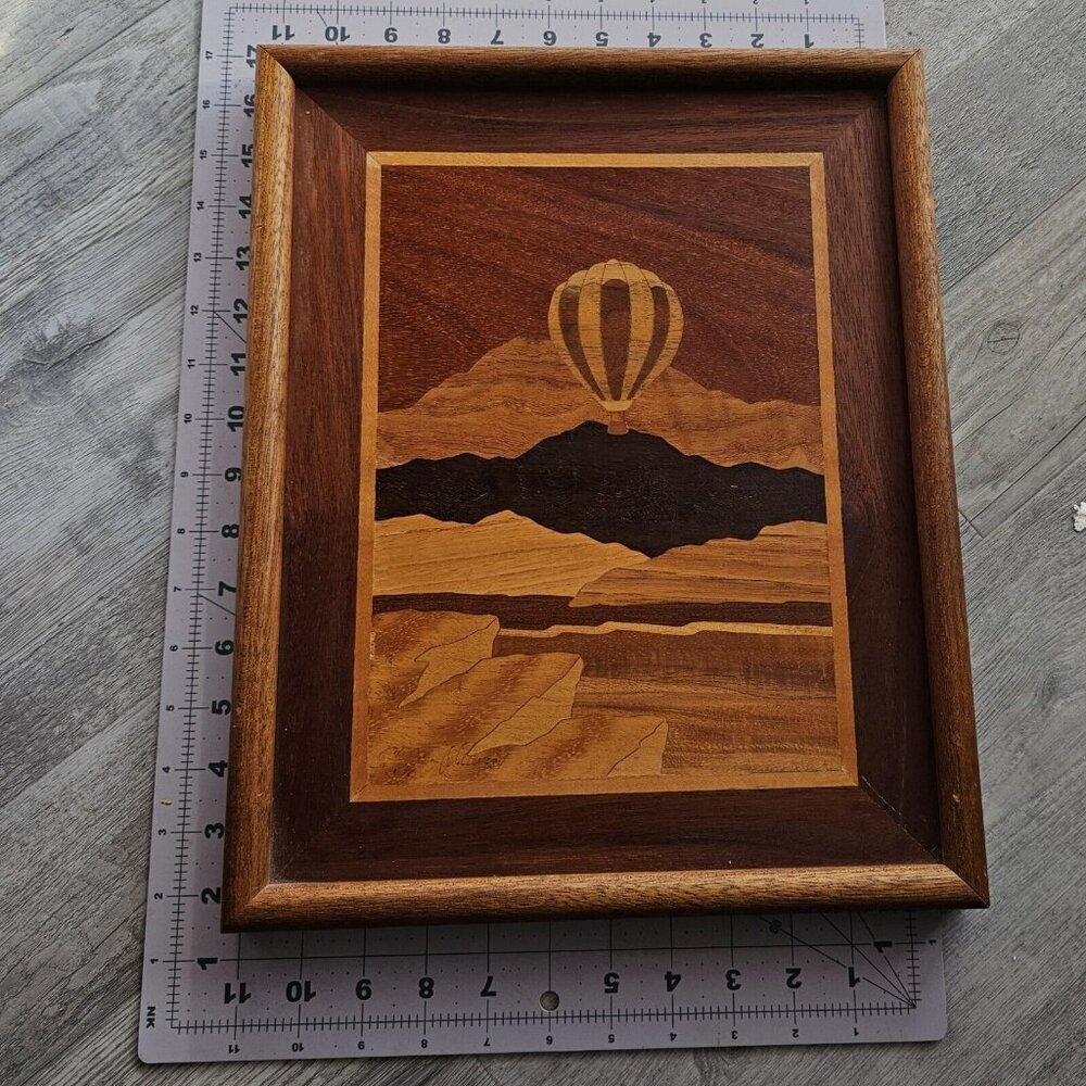 Jeff Nelson Hudson River Inlay Marquetry Hot Air Balloons Inlaid Wall Plaque